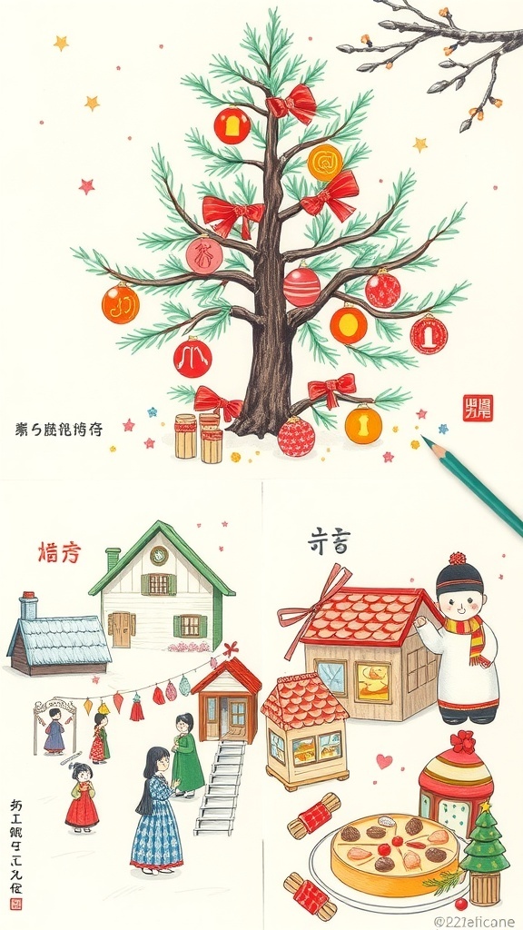 Korean Christmas Drawing Ideas A collage of Korean Christmas drawings featuring a decorated tree, winter village, and traditional foods.